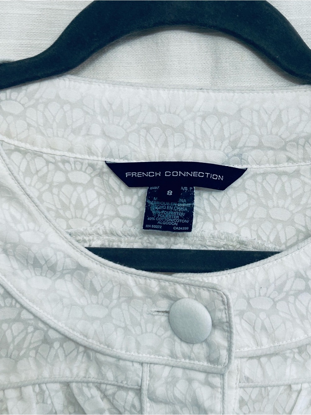 French Connection White Lace-Textured Women's Top with Yoke and Covered Buttons - Picture 4 of 8